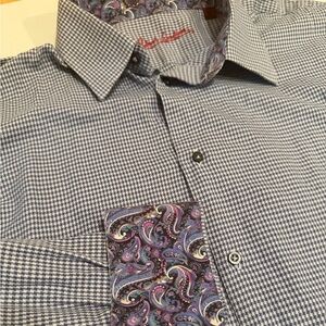Robert Graham Mens 2XL Blue Houndstooth Button Up Shirt Paisley Trim Flip Cuff